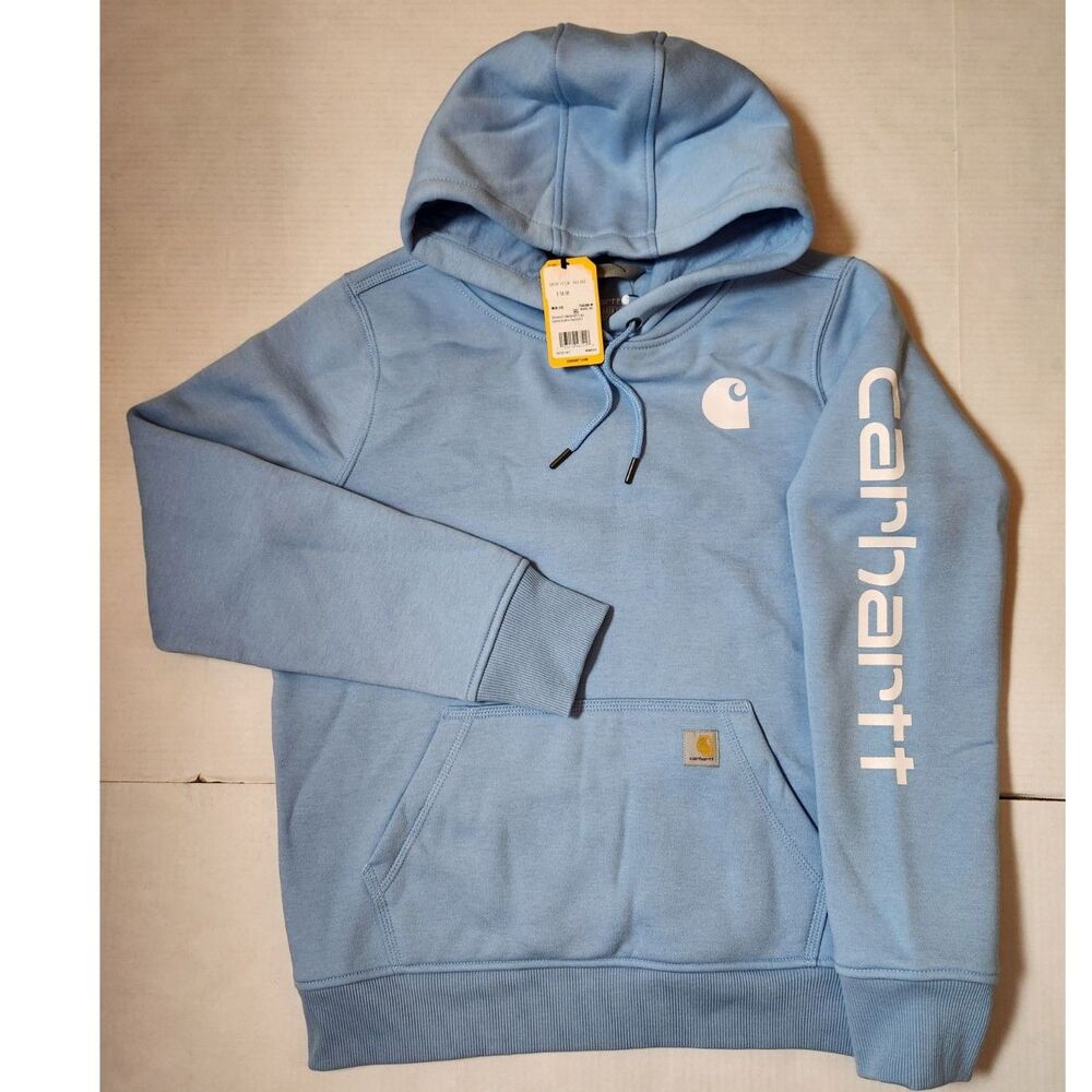 Carhartt Women’s Relaxed Fit Midweight Logo Sleeve Hoodie Light Blue Medium